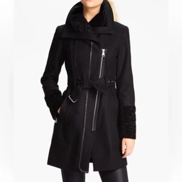 (NWT) GUESS Women’s Wool-Blend Faux-Fur-Trim Belted Coat, XS